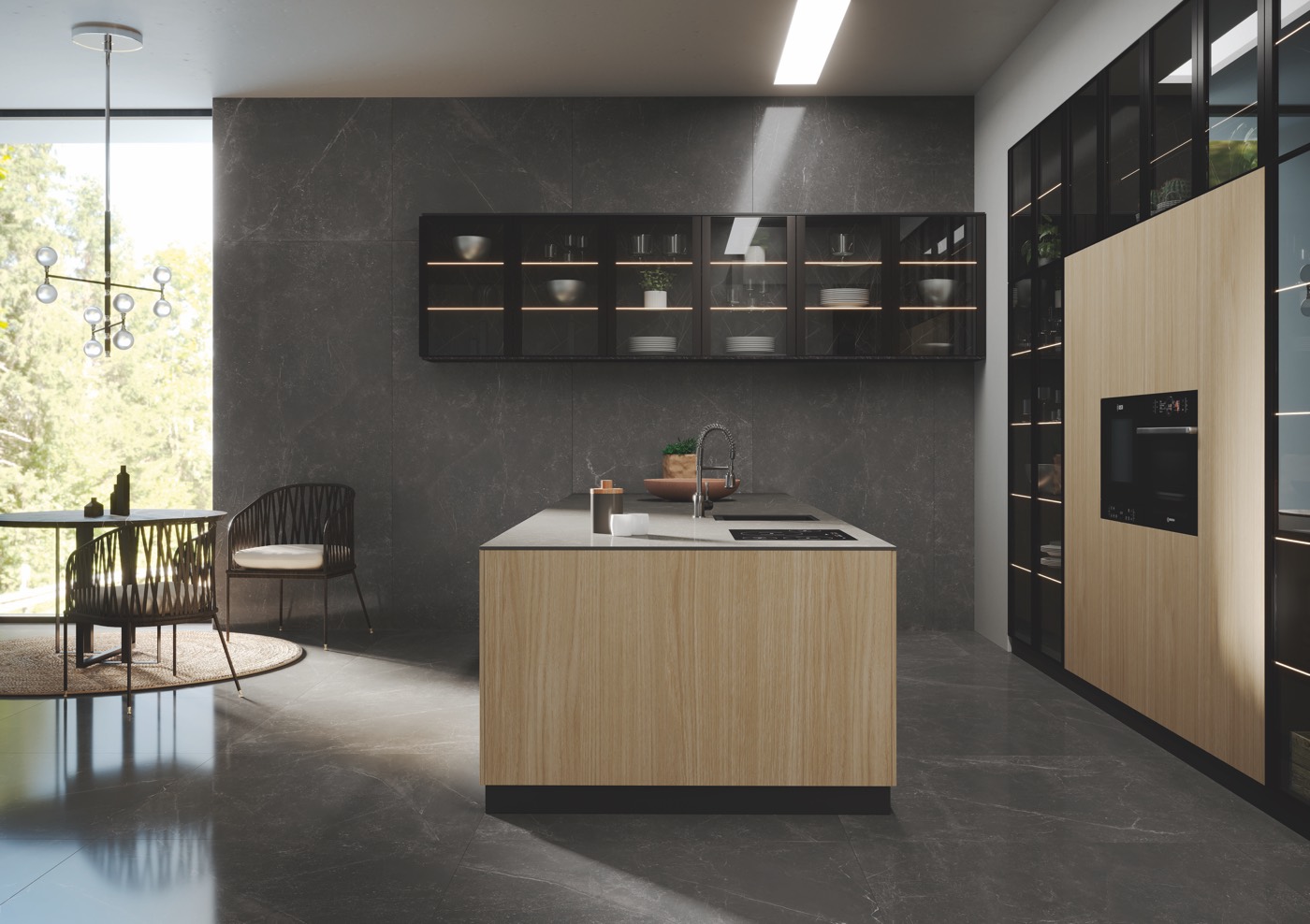 Cocina con isla de madera y pavimento y revestimiento efecto mármol gris oscuro