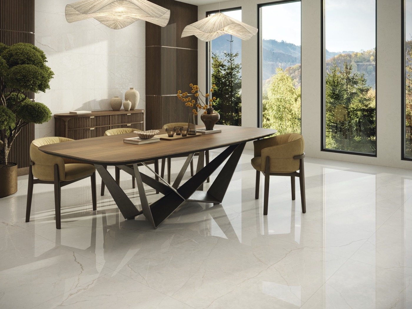 Comedor con pavimento pulido efecto mármol blanco y grandes ventanales
