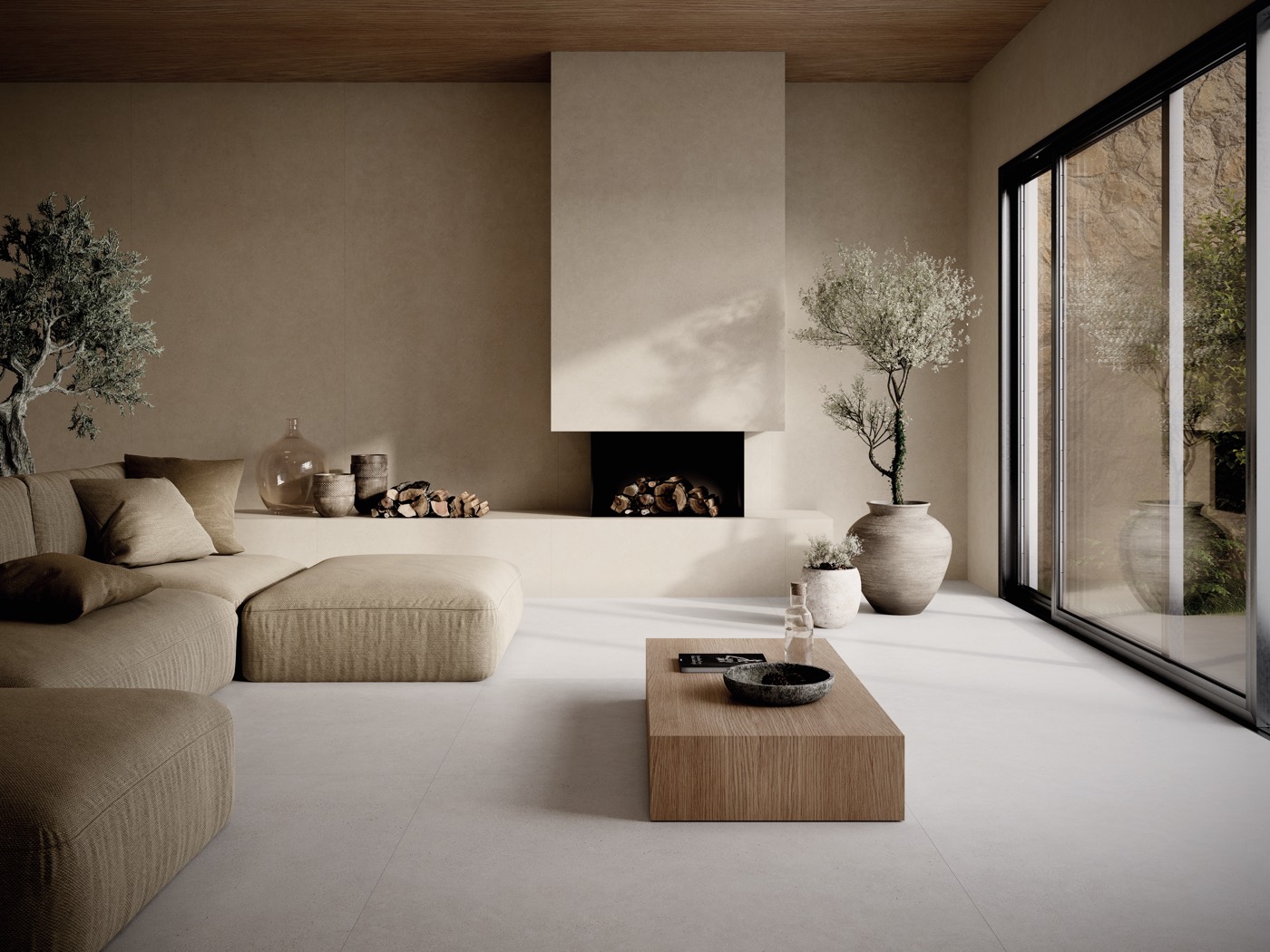 Salón con chimenea y pavimento porcelánico efecto cemento en gris claro