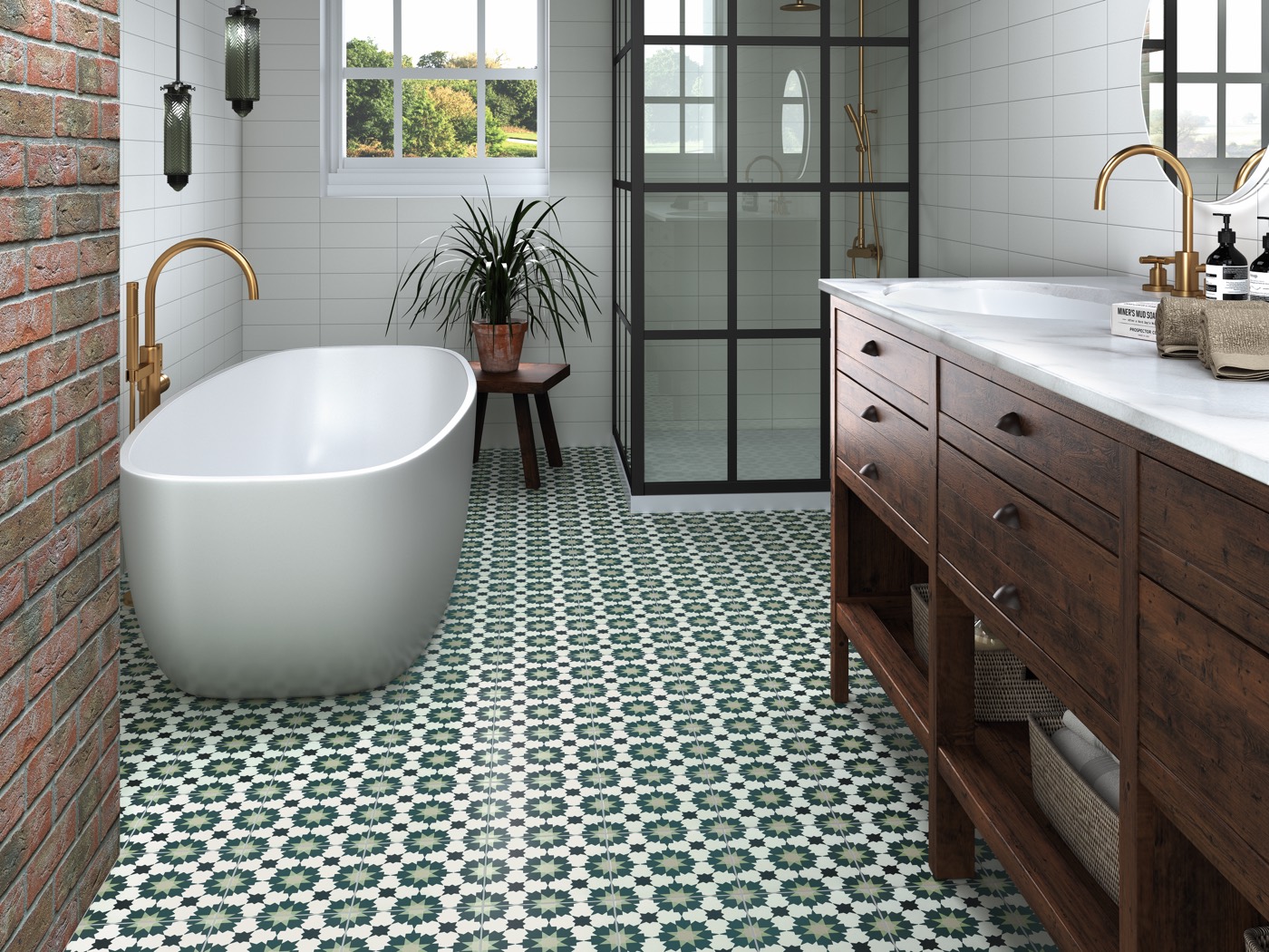Baño con bañera exenta, pared de ladrillo y pavimento efecto hidráulico con estrellas verdes y blancas
