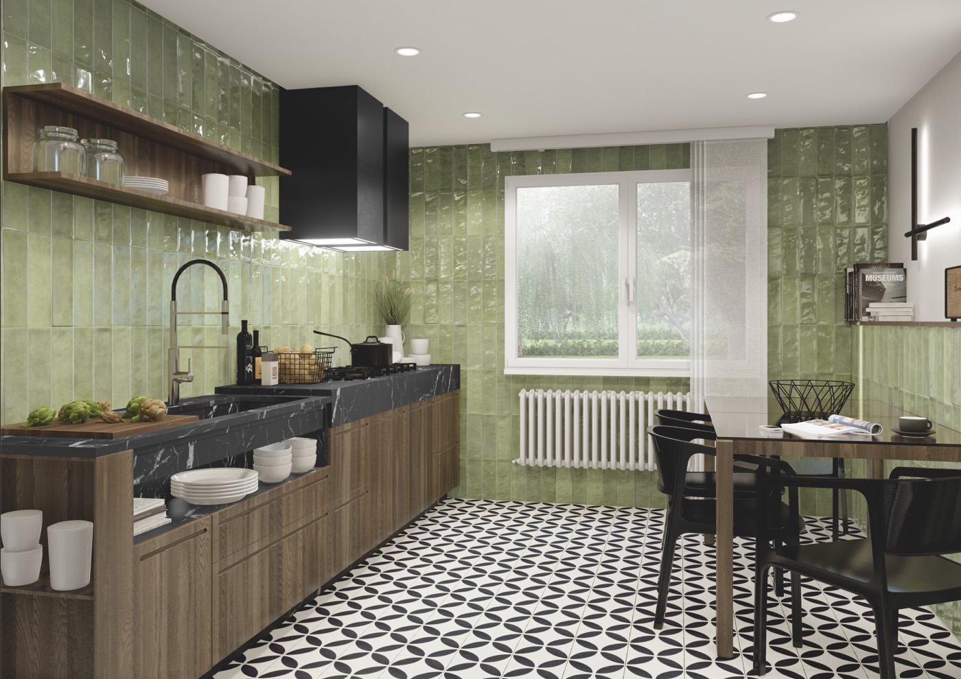 Cocina con revestimiento verde brillante de aspecto artesanal en piezas alargadas y pavimento efecto hidráulico en blanco y negro