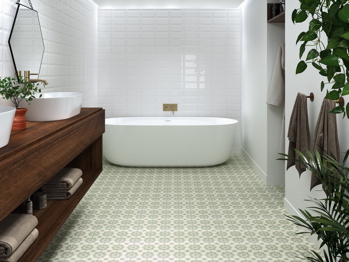 Baño con bañera exenta, revestimiento blanco biselado tipo metro y pavimento efecto hidráulico en verde suave